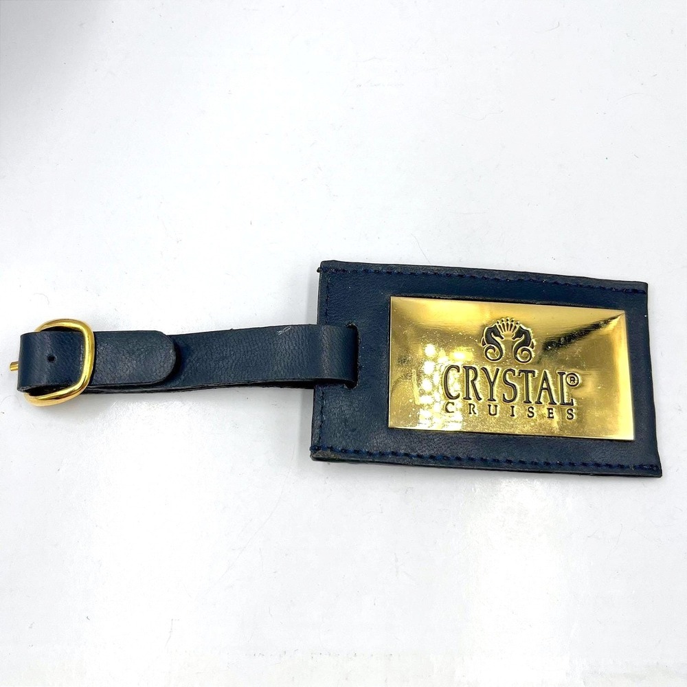 Vintage Crystal Cruises Luxury Luggage Tag Blue Leather Gold Tone Brass‎ Plate